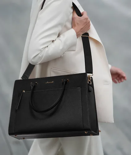 Miniatura 3 de LOVEVOOK Bolsa para laptop para mujer, bolsa de cuero de 15.6 pulgadas con soporte para tazas y embrague desmontable, maletín profesional Negro