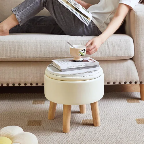 Miniatura 7 de IBUYKE Taburete otomano de 13 pulgadas con almacenamiento, reposapiés pequeño redondo con asiento acolchado y patas de madera, mini reposapiés