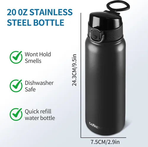 Miniatura 7 de GOPPUS Botella de agua de acero inoxidable aislada de 20 oz sin BPA, excelente para viajes, con tapa para beber - A prueba de fugas y sudor con tapa