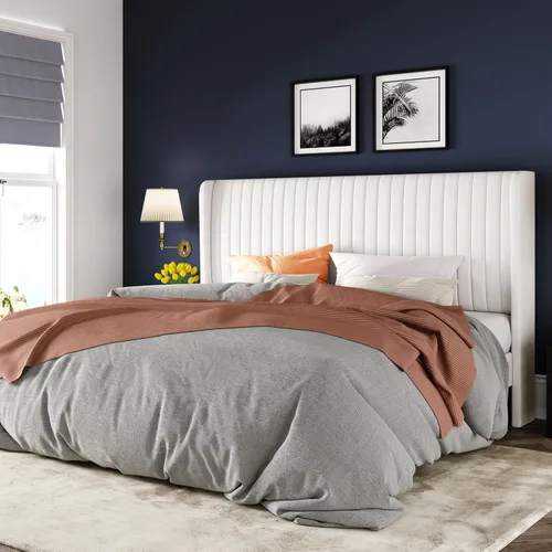 Miniatura 16 de Allewie - Base de cama tamaño King con cabecera acolchada en terciopelo y diseño acanalado vertical; plataforma de cama tapizada; listones de madera