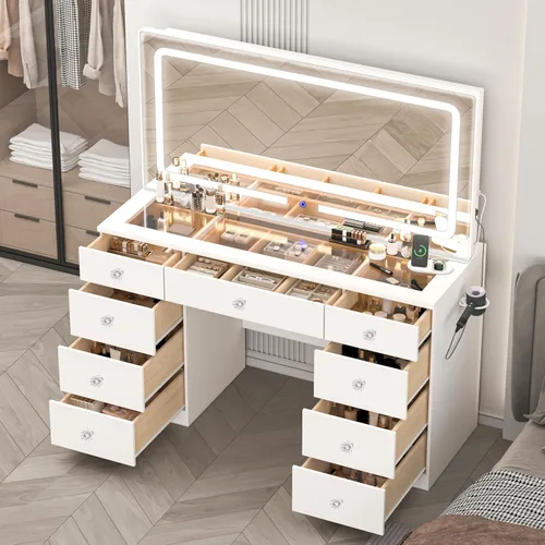Miniatura 3 de JassmiPkwy Escritorio de maquillaje de 46 pulgadas con espejo, mesa de tocador de cristal con luces, cajones, toma de corriente, escritorio