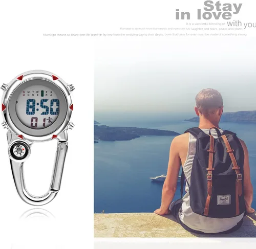 Miniatura 2 de Clip de brújula digital relojes de hombre blanco y negro, mosquetón impermeable con reloj despertador