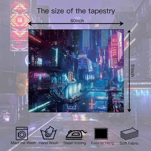 Miniatura 6 de Tapiz de Pared de Ciudad Anime Punk para Dormitorio, Tapices Japoneses Futuristas de Calle Nocturna de Neón Ciberpunk Estéticos, Fondo
