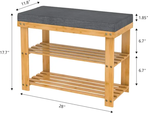 Miniatura 3 de Banco de zapatos de bambú con cojín gris, organizador de zapatos de 3 niveles para entrada, pasillo, dormitorio o sala de estar, asiento tapizado