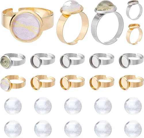 Miniatura 12 de SUNNYCLUE Anillo de dedo, base de anillo ajustable en blanco, media redonda, base de cabujón plano, configuración de bandeja de bisel para kit