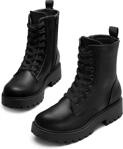 Miniatura 3 de mysoft Women's Combat Boots Platform Chunky Low Heel Lace Up Ankle Booties With Side Zipper Shoes