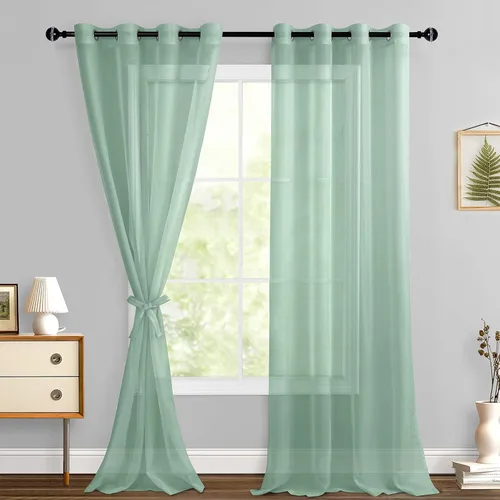 Miniatura 158 de Hiasan - Cortinas traslúcidas de gasa cortas semitransparentes con ojales y alzapaños filtrantes de luz para ventana, dormitorio, baño, 2 paneles