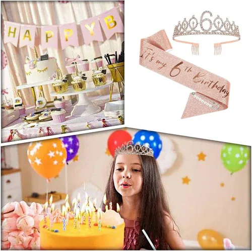 Miniatura 7 de Juego de banda y tiara de 6º cumpleaños, corona de banda de cumpleaños de oro rosa, suministros para fiesta de cumpleaños