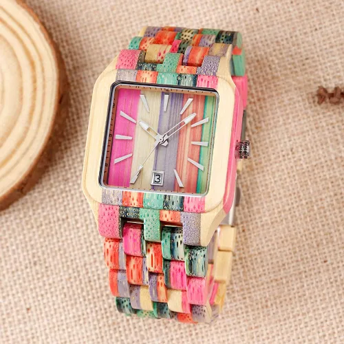Miniatura 2 de Tiong Brand Wooden Watches Mens with Handmade Colorful Bamboo Wood Watch Analog Date Quartz Wooden Watch for Men