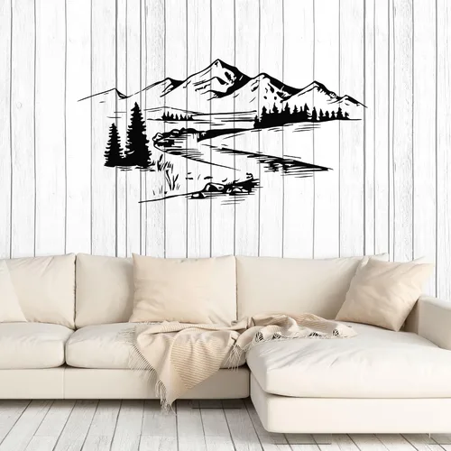 Vinilo grande para pared, diseño de paisaje, naturaleza, montañas, río, árbol, decoración mural (g8261), color negro