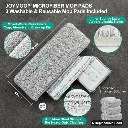 Miniatura 8 de JOYMOOP Juego de trapeador y cubeta con escurridor, trapeador plano de piso sin manos y cubeta, trapeador de 152 cm con 6 almohadillas de microfibra