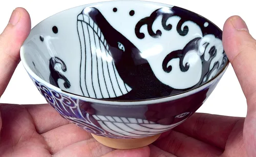 Miniatura 7 de Mino Ware - Tazón de arroz japonés, sopa de fideos de ramen de arroz, pasta Sarada, Chawn de ballena ondulada, 4.6 pulgadas, 10 onzas, juego de 2
