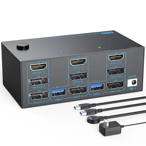 Conmutador KVM 8K 3 Monitores 2 Computadoras Triple Monitor 2 Displayport 1.4 y HDMI 2.1 USB 3.0 Conmutadores KVM, DP 1.4 soporta 8K@30Hz/4K@144Hz,