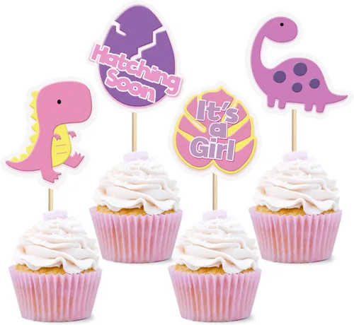Miniatura 19 de Ercadio Paquete de 32 adornos para cupcakes de dinosaurios de dibujos animados, lindos dinosaurios para bebé, temática de dinosaurio, baby shower