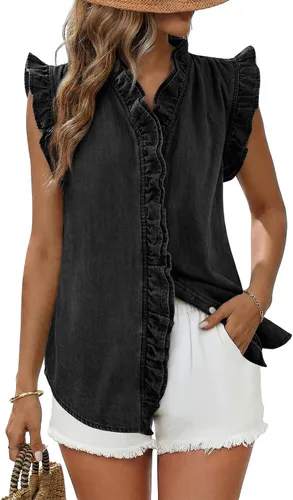 Miniatura 11 de Dokotoo Chaleco de mezclilla para mujer, casual, de verano, con botones, peplum, cuello en V, sin mangas, camisa de mezclilla