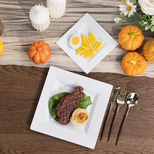 Miniatura 5 de N9R 60 platos de plástico cuadrados blancos, 30 platos de cena y 30 platos de postre resistentes, platos desechables elegantes para fiestas, bodas