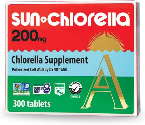 Sun Chlorella Suplemento superalimento de algas verdes de 200 mg - Pared celular pulverizada - Clorofila, CGF, B12 activo, hierro, proteína, sin OMG