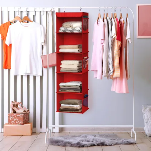 Miniatura 5 de Simple Houseware Organizador de armario colgante de 5 estantes, rojo