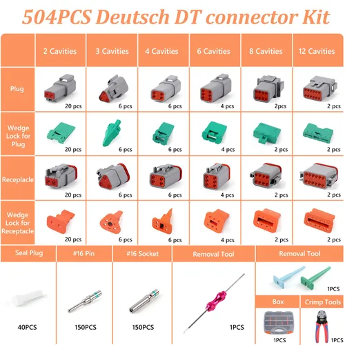 Miniatura 2 de Kit de 504 piezas de conectores Deutsch con herramienta de engarce, conectores DT de 2/3/4/6/8/12 pines con herramienta de extracción, contactos