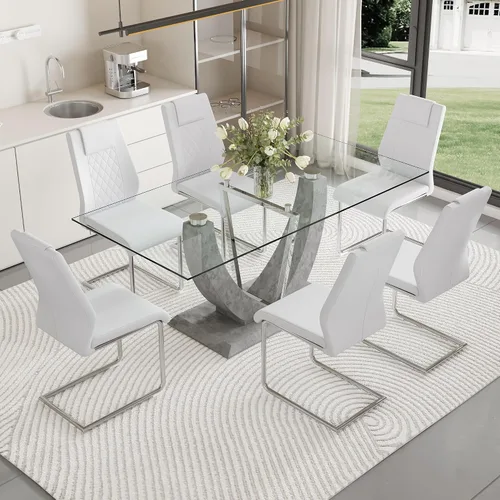 Miniatura 9 de Juego de mesa de comedor de cristal para 6, juego de mesa de cocina de 7 piezas con 6 sillas, mesa de vidrio templado de 71 pulgadas con sillas