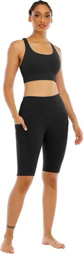 Miniatura 5 de WHOUARE Paquete de 4 pantalones cortos de yoga con bolsillos para mujer, cintura alta, atléticos, correr, entrenamiento, gimnasio, control de abdomen