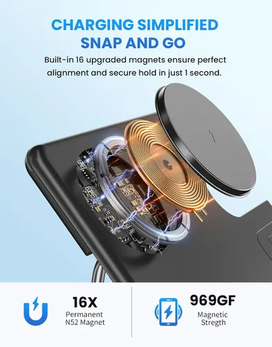 Miniatura 2 de Cargador inalámbrico para estación de carga Mag-Safe: JoyGeek 3 en 1, soporte de viaje magnético para iPhone 15, 14, 13, 12 Pro Max Plus, Apple