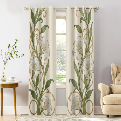 Miniatura 74 de Shrahala Art Nouveau Floral Pattern Blackout Curtain Tiers, Delicate Vine and Flower Design Kitchen Valance Light Blocking Tier Drapes with Rod