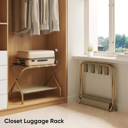Miniatura 4 de Smart FENDEE Portaequipajes dorado para habitación de invitados, soporte plegable para maleta con estante de almacenamiento, soporte de equipaje