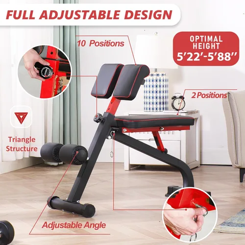 Miniatura 4 de BODYRHYTHM Banco de pesas compacto y ajustable para entrenamiento de fuerza de cuerpo completo, silla hiperromana para abdominales y espalda, banco