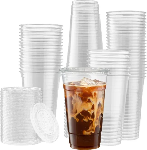 Miniatura 10 de ELEGANT DISPOSABLES Vasos de PET transparentes con tapas planas para café helado (12 onzas)