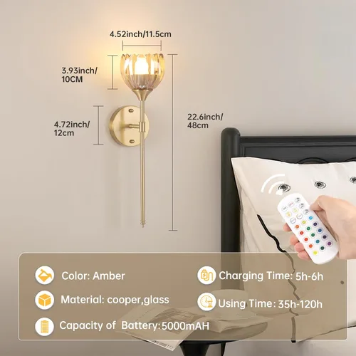 Miniatura 5 de Shenmoyl Juego de 2 lámparas de pared operadas por batería, lámpara de pared vintage de tulipán ámbar con batería recargable de 5000mAh con control