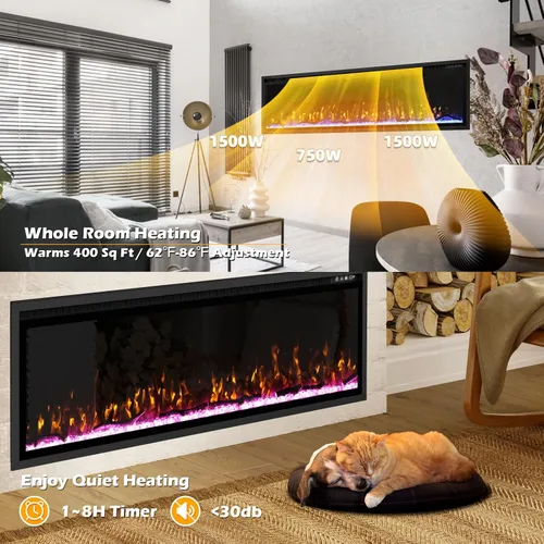 Miniatura 6 de BREEZEHEAT - Chimenea eléctrica de 183 cm para empotrar y colocar en la pared, chimenea lineal, calentador de 750/1500 W con control de temperatura