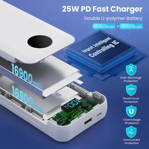 Miniatura 2 de Cargador Portátil 33800mAh Banco de Energía USB C con Cables Integrados y Enchufe de Pared CA, Carga Rápida 25W + QC 4.0 Cargador de Teléfono, Blanco