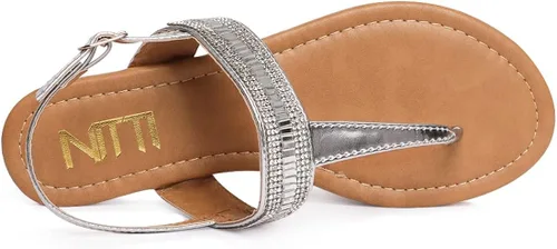 Miniatura 3 de NITTI Sandalias planas para mujer Correa en T con diamantes de imitación y hebilla de tobillo ajustable para mujer