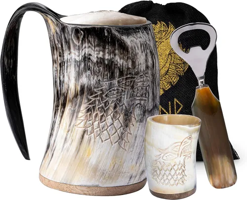 Miniatura 9 de FENRIR Taza de cuerno vikingo de 16 onzas con vaso de chupito, regalos vikingos para hombres y mujeres, abridor de botellas, jarra de cuerno de buey