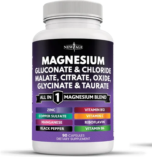 NEW AGE Suplemento de magnesio - Potente citrato de glicinato óxido de malato, taurato, aspartato, gluconato, orotato y cloruro de mag, manganeso,