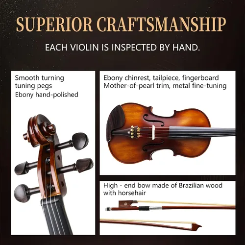 Miniatura 2 de Conjunto completo de violín 4/4, violín para principiantes para adultos, niños, estudiantes, violín 4/4 con accesorios de abeto, arce y ébano