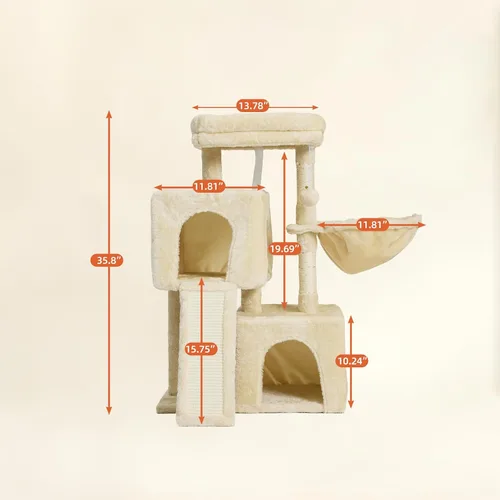 Miniatura 7 de Árbol para gatos de 35.8 pulgadas con cama doble para gatos y hamaca, rascador de felpa con plataforma cómoda para dormir y pelota de juguete