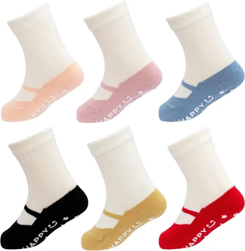 Looching Paquete de 6 calcetines antideslizantes de algodón con empuñaduras de estilo ballet para bebés y niñas
