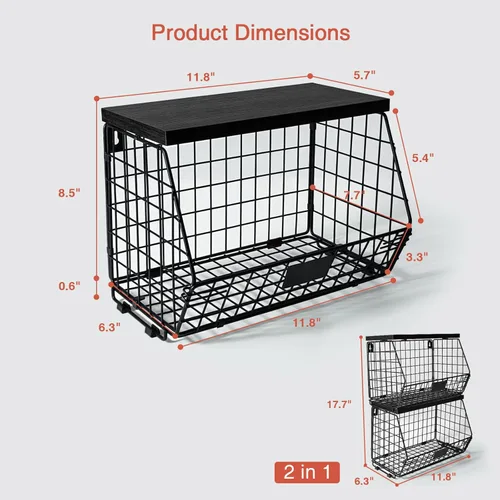 Miniatura 7 de Goozii Set de 2 cestas de almacenamiento colgantes de pared para cocina negras, organizador rústico apilable para encimera de cocina, cestas