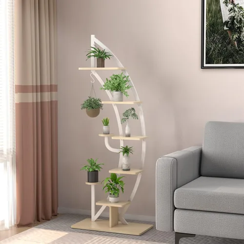 Miniatura 8 de Soporte de metal para plantas de 6 niveles, estante para plantas en forma de media luna para interiores con colgador y dispositivo antivuelco