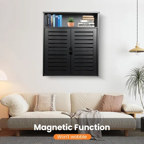 Miniatura 6 de Armario de pared de bambú, gabinete de almacenamiento de baño montado en la pared, gabinete de medicina colgante negro con puertas dobles