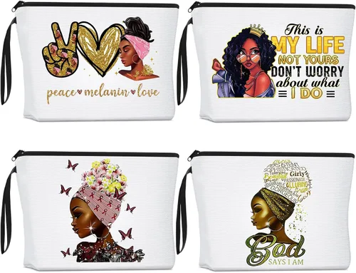 Roowest 4 bolsas de maquillaje afroamericanas negras para mujer, bolsa de cosméticos para mujer, regalos inspiradores, artículos de aseo con