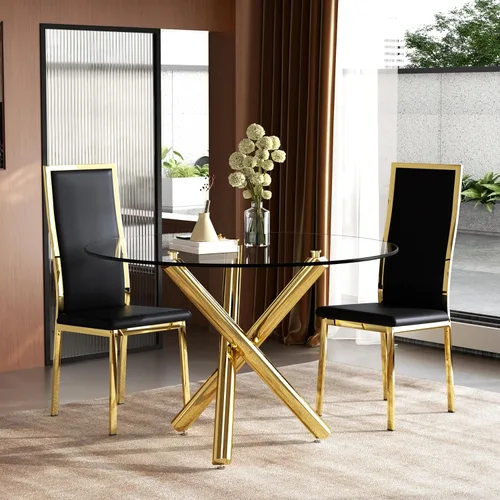 Miniatura 15 de Moderno juego de mesa redonda de cristal para 2, juego de mesa de cocina de círculo pequeño de 36 pulgadas con 2 sillas de comedor de piel sintética