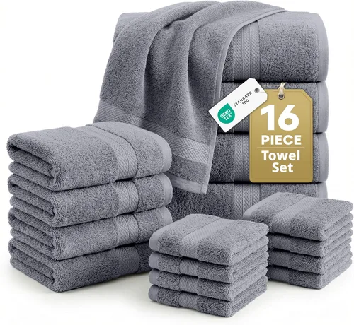 Miniatura 11 de LANE LINEN - Juego de toallas de baño de 16 piezas, color gris espacial, 100% algodón, altamente absorbente, 4 para manos y 8 paños