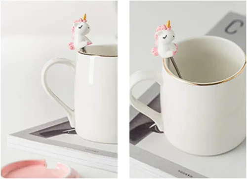 Miniatura 5 de Taza de unicornio BigNoseDeer, linda taza de café de cerámica con adorable cuchara de unicornio, taza novedosa para la mañana, taza para café, té