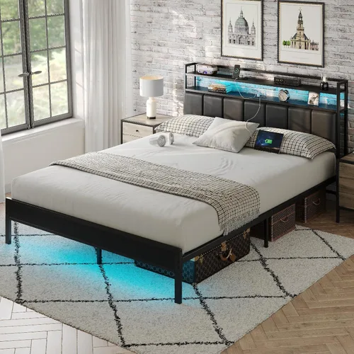 Miniatura 8 de Marco de cama tamaño twin con estación de carga y luces LED, marco de cama de metal con cabecero, cabecera tapizada negra con estantes