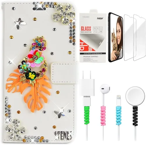 Miniatura 6 de Bling Wallet - Funda de cuero compatible con Google Pixel 6a, elegante, hecha a mano en 3D, con libélula y purpurina para bicicleta, con protector