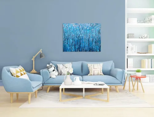 Miniatura 8 de SYGALLERIER Lienzo abstracto de árbol con pinturas texturizadas pintadas a mano en negro y azul con lámina plateada, imágenes modernas del bosque