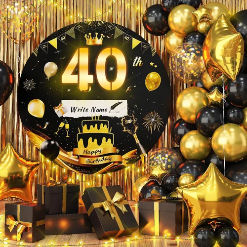 Letrero luminoso de feliz cumpleaños de 40 años, decoración de fiesta para hombres, fondo de cumpleaños LED negro y dorado, carpa redonda, cartón de